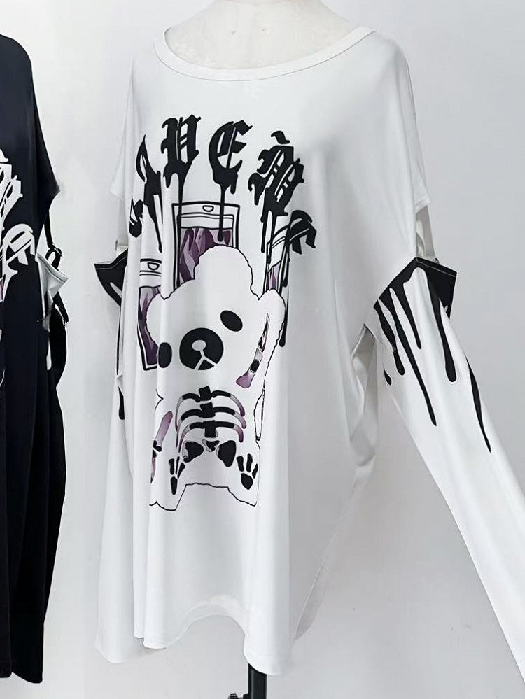 ホワイトレターケイロングトッププリントスリーブベアジライと