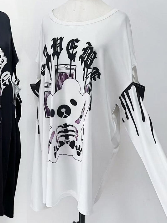 ホワイトレターケイロングトッププリントスリーブベアジライと