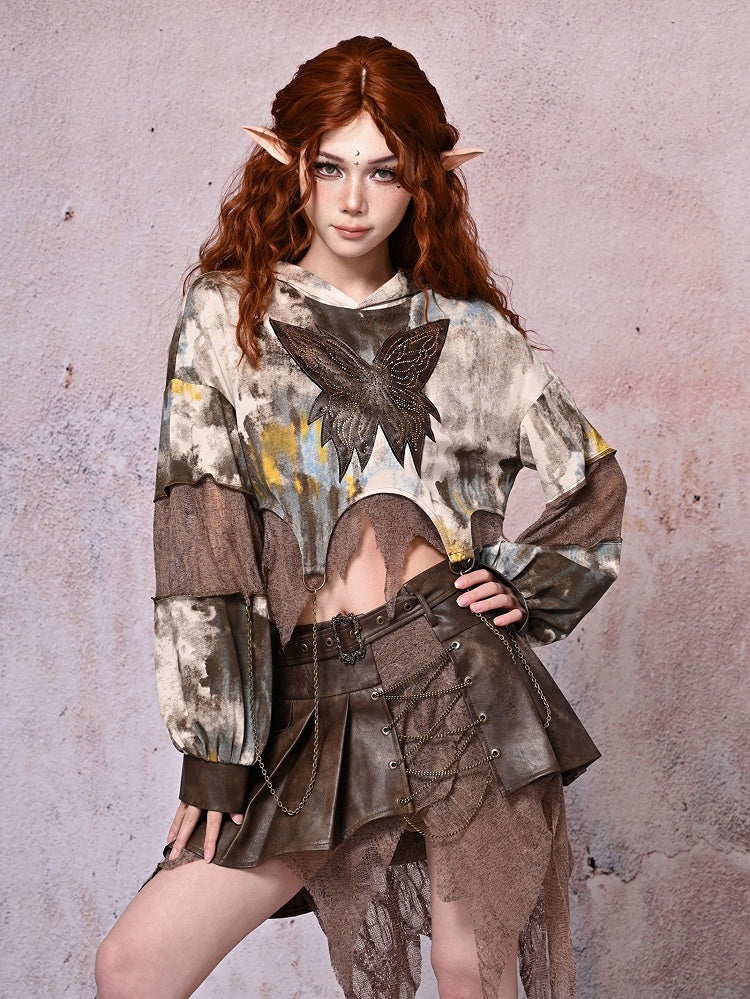 Light Punk Butterfly Brown Tie-dyed Chains with Wasteland Hoodie