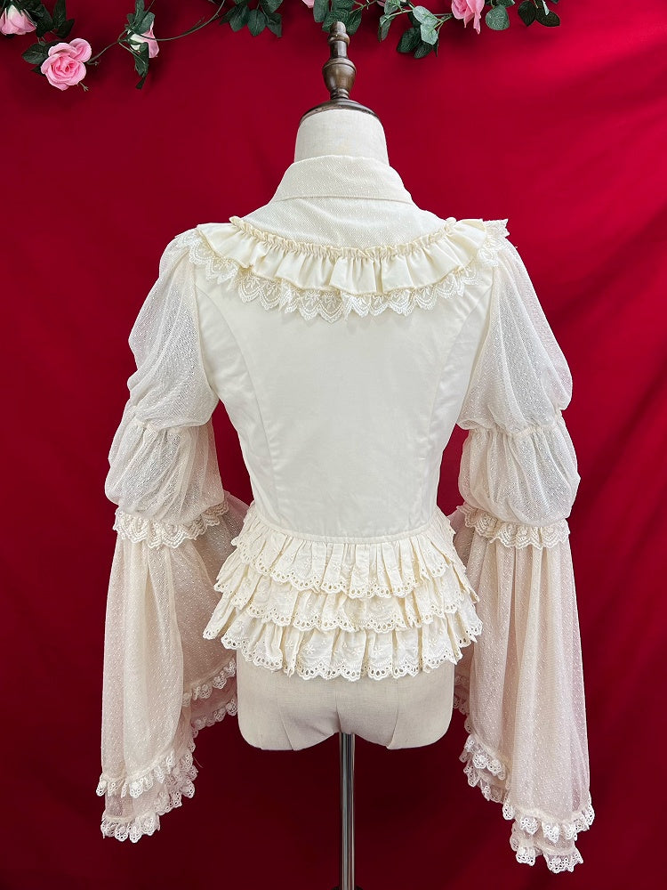 Apricot Bell Sleeves Tiered Scalloped Eyelet Trim Hemline Blouse with Lace Jabot Tie