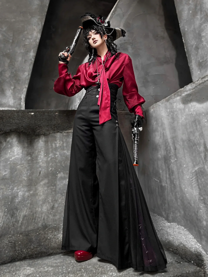 Ouji Style 110cm High Waist Wide-Leg Black Pants with Pleated Chiffon Panel - DevilInspired Exclusive Collection
