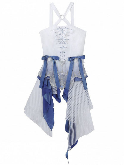 Handkerchief Neck Layered Print Blue Crisscross Straps Skirt And Dragon with Bone White Dress Gothic Lolita