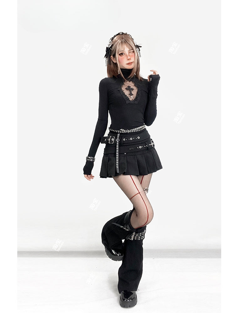 Top Schwarz Glamourös Gothic Hals Detail Cutout Kreuz Hoch Y2K