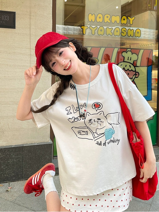 White Round Neck Kitty Print Loose T-Shirt