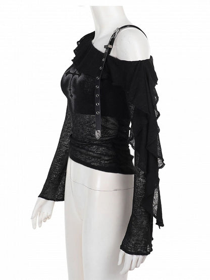 Strap Trim Print with Gothic Cross PU Top Neck Ruffle Halloween Asymmetrical Black