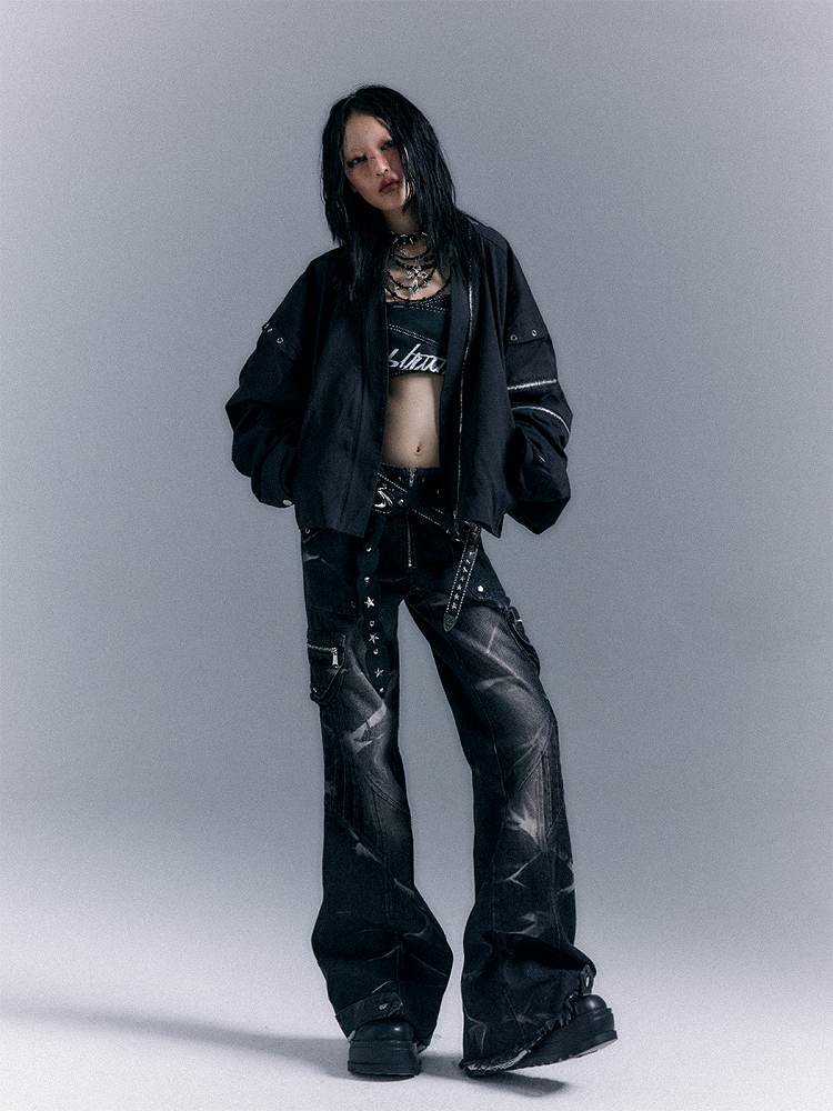 Gewaschene Reißverschluss Flare Schwarz-Grau Nieten Jeans Taschen Punk