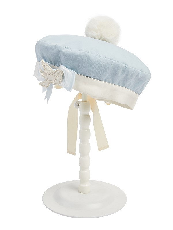 Sailor and Dove Embroidery Beret Pom-Pom Pink/Blue/Green with Fluffy White Lolita