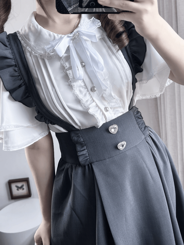 Short Bead Peter SleevesRuffled Jirai Collar Kei Blouse:Tiered Button Pan White Placket