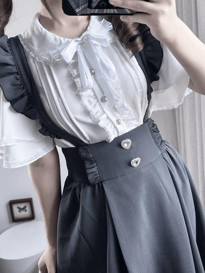 Short Bead Peter SleevesRuffled Jirai Collar Kei Blouse:Tiered Button Pan White Placket