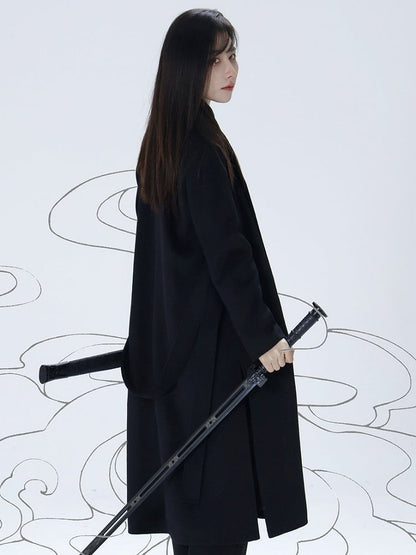 with Slit Black Open Belt Ouji Coat Side Placket Design Hem Unisex Set