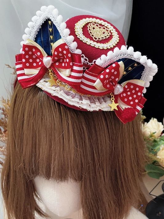 レースの帽子耳、蝶結びの星、ミニディテール、猫のトリム、赤青のチャーム