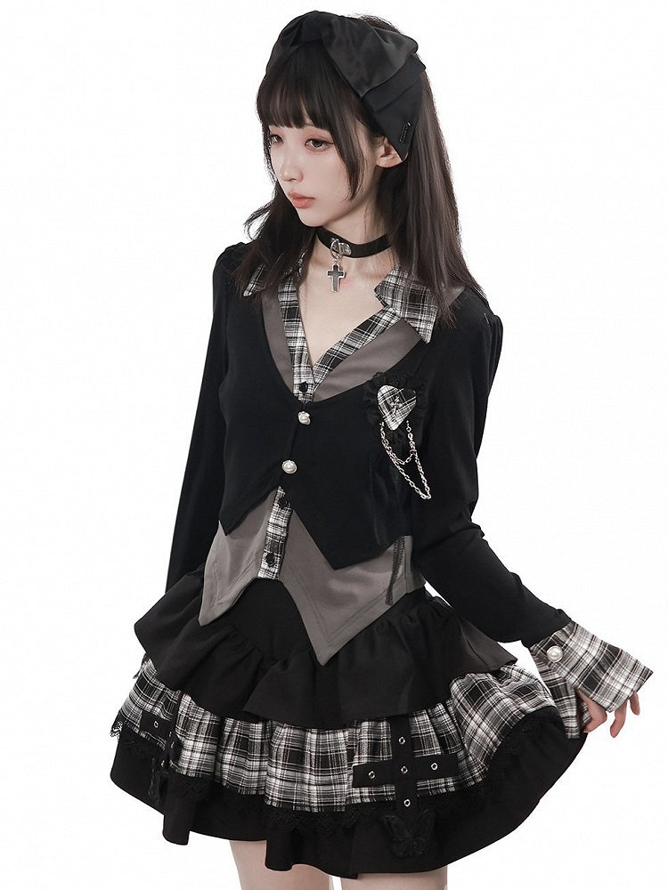 Vintage Kawaii Black & Gray Plaid Faux Two-Piece Knit Shirt with Heart Brooch - PINK SAVIOR