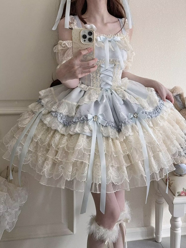 Details Sweet + Skirt Bow Large Princess Lace with Train Blue Dress / Ribbon Only Ballet-Style JSK Multi-Layer