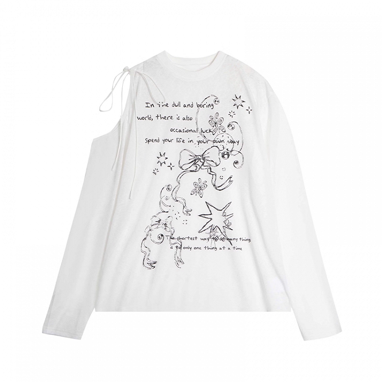 Semi-sheer Bowknot Graffiti Print Coverup Cutout Shoulder Black/White