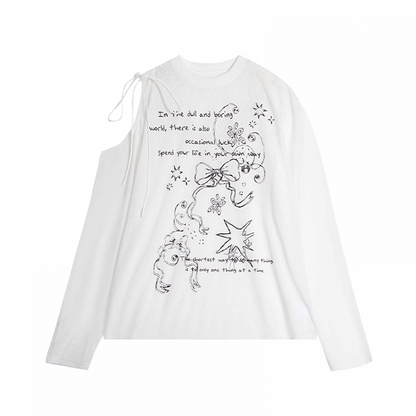 Semi-sheer Bowknot Graffiti Print Coverup Cutout Shoulder Black/White