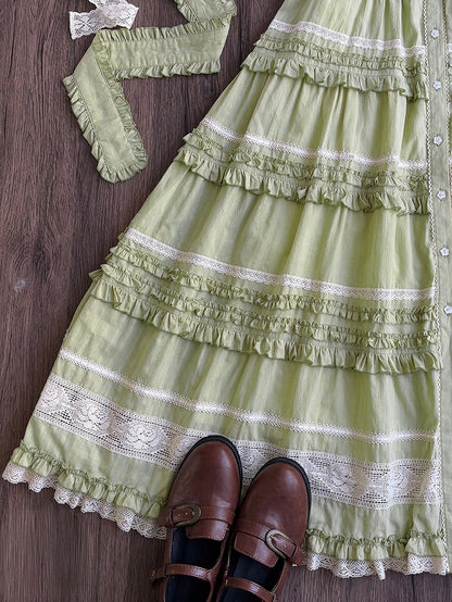 Green Layered Ruffles Elegant Lolita Dress Front Button Placket - Miss Point