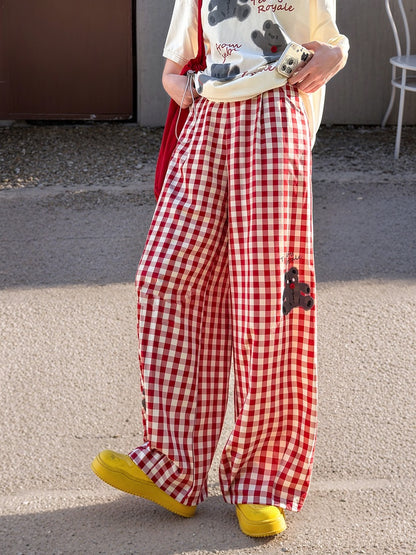 ワイドレッグパンツバージョン ショート/ロング 赤と白のチェック柄ベアプリント