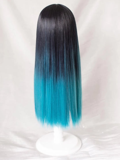 グリーン、前髪あり、エアブラック、オンブレ、長さ68cm、ストレート