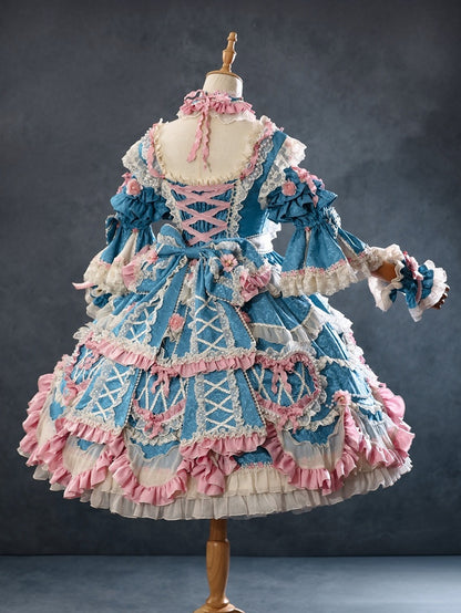 Blue Hanayome Rosette Embroidery Floral Bead Chain Lolita OP - Bramble Rose