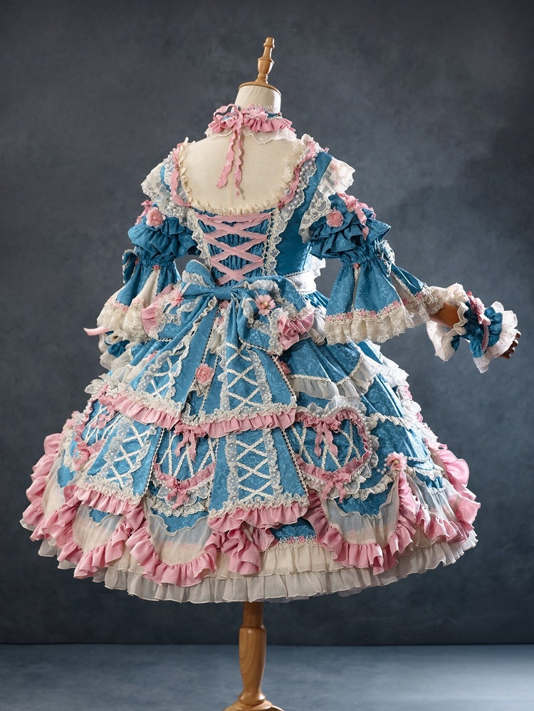 Rosette Embroidered Floral Bead Chain Blue Hanayome Lolita Dress - Bramble Rose