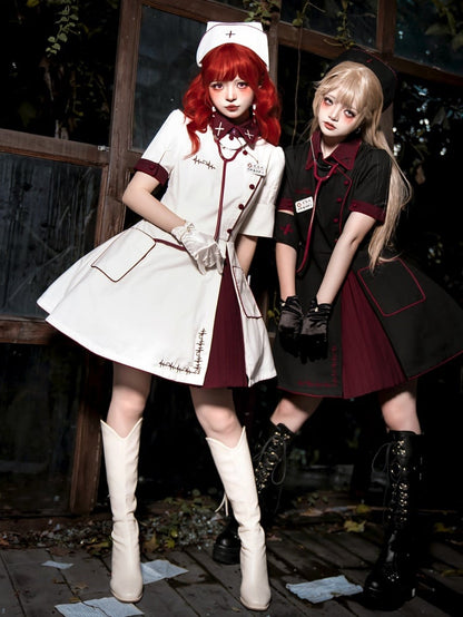 Weißes und rotes Halloween-Kostüm, Krankenschwester-Lolita-Kleid, komplettes Set