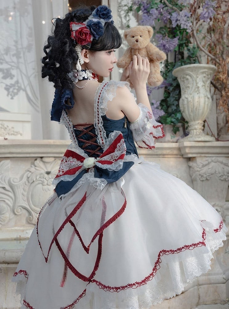 Vibes Sleeves and Bow White Detachable Snow Sweet Lace Decorated Blue Skirt Top Lolita + Full Set Choker KC Corset
