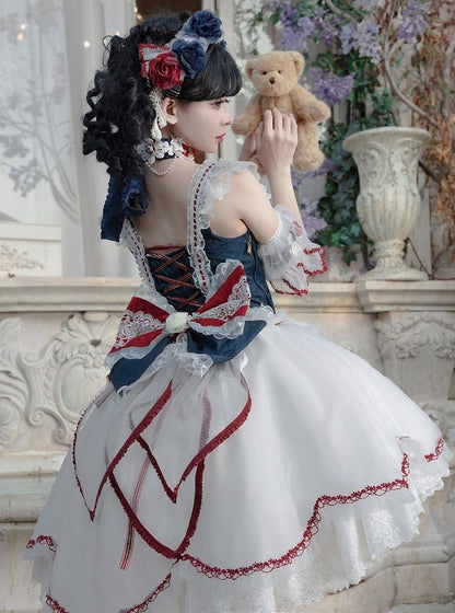 Vibes Sleeves and Bow White Detachable Snow Sweet Lace Decorated Blue Skirt Top Lolita + Full Set Choker KC Corset