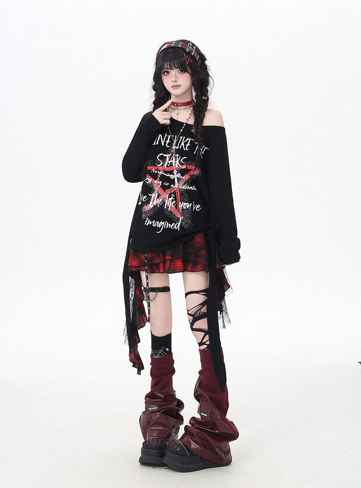 トップス ブラック アシンメトリーネックライン スター グラフィティプリント ルーズ