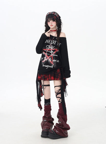 トップス ブラック アシンメトリーネックライン スター グラフィティプリント ルーズ