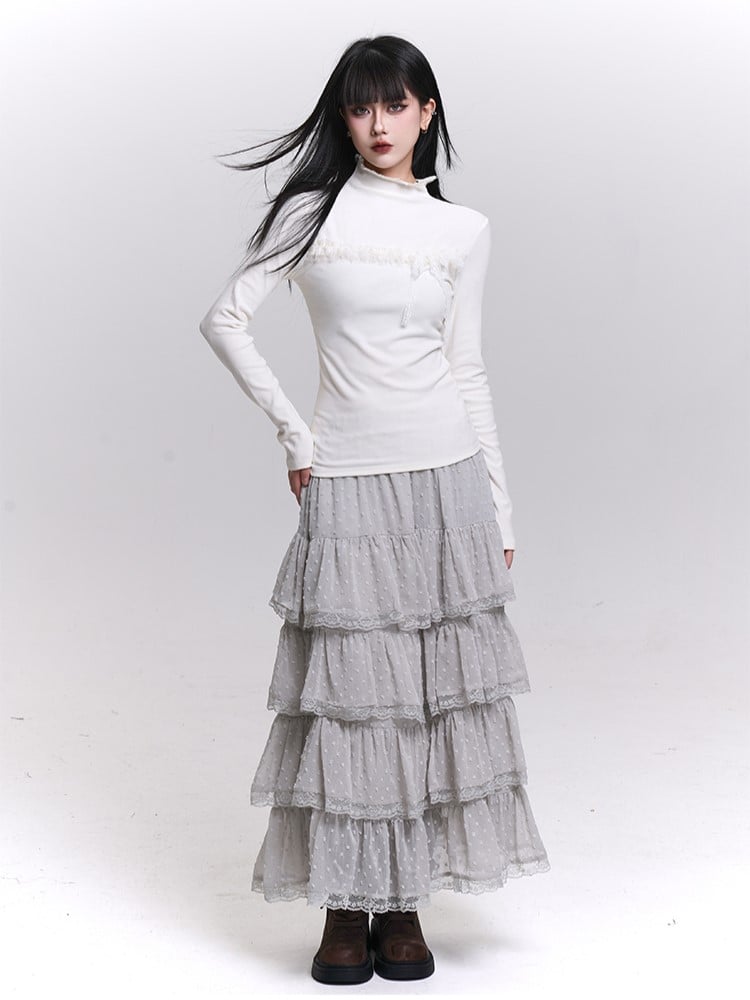 Gray/Beige/Blue Long Sleeve Fitted Top with Ruffled Lace Trim