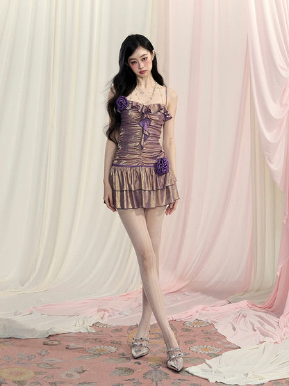 Purple Ruched Design Cascading Ruffle Mini Bodycon Slip Dress Neckline