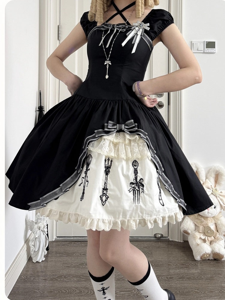 Side Ruffle Halter Lolita OP Dress in Gothic Black with Cutlery Embroidery - Vivian's Diary