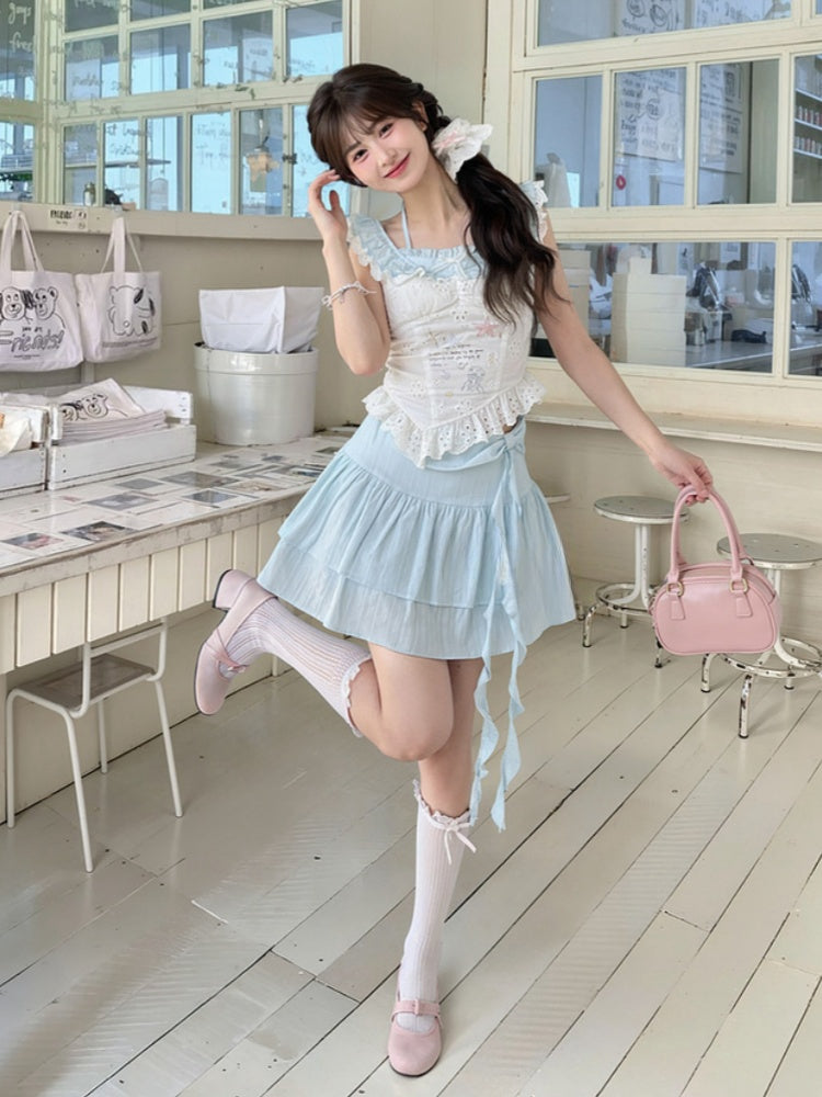 ゆめかわいいブルーのリボンディテールウエストティアードスカート