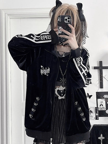 Tape Sleeve Tracksuit Gothic Cross Velvet Print TextBack Jacketwith Black