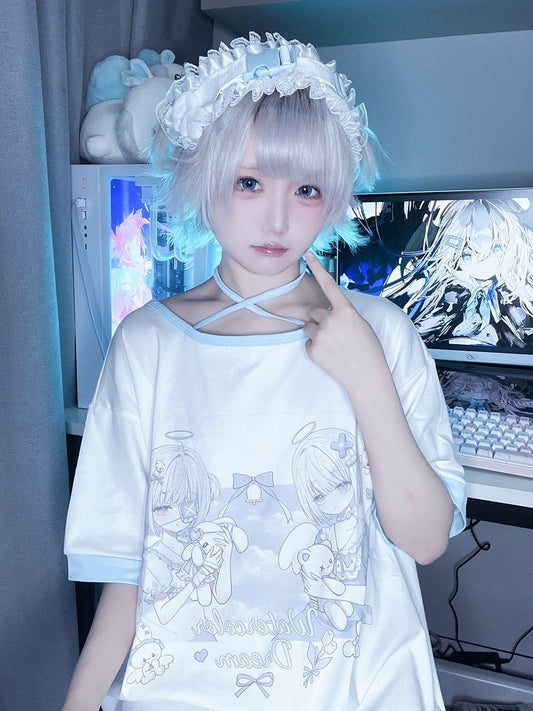 Neck Kawaii T-Shirt Yandere Angel Kei Top Light Blue Print Halter Style Jirai - Yami
