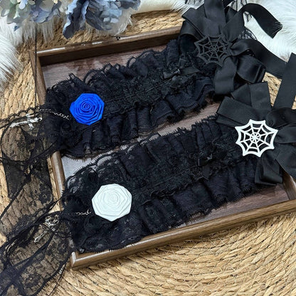 5 with - Gothic Lolita Options Accents Hairbands Lace Color Web Rose/Spider (Red