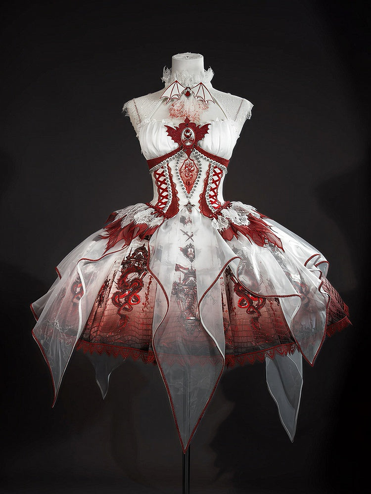 Red & White Bone Dragon Embroidery Halter Neck Gothic Lolita Dress Set - Ying Luo Fu