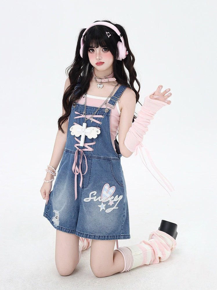 Blue Adorable Lace-up Back Bunny Ears Design Denim Overall Shorts