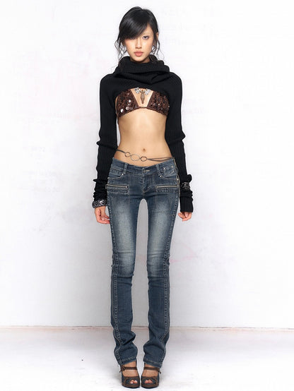 Faded Zip Waist Deep - Two-Way Blue Jeans Cuff Wash with Low Details