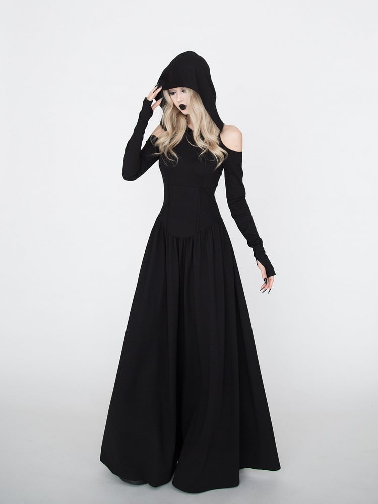 Kapuzen-Hexen-Punk-Kleid im Wasteland-Look für schwarzen Halloween-Gothic-Schulterausschnitt