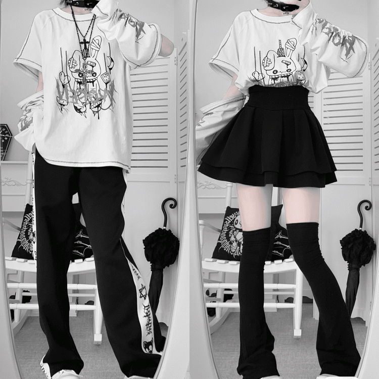 Rabbit with Zippers Top Print Sleeve Black/White Shattered Kei Convertible Jirai