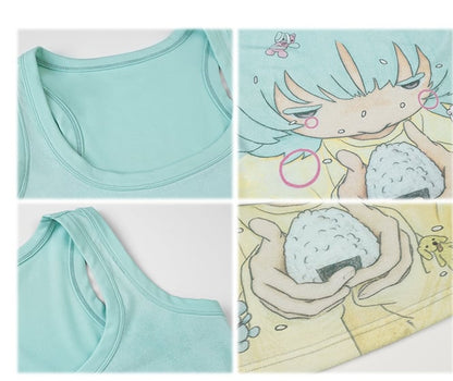 Tank Top Neckline Print Anime Girl Mint Green Square
