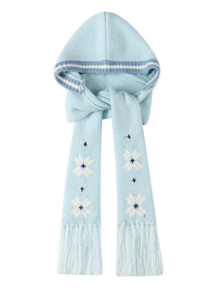 Light with Knit Edging Hooded Fringe Tassel Scarf Snowflake Blue