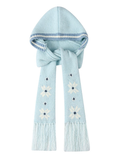 Light with Knit Edging Hooded Fringe Tassel Scarf Snowflake Blue