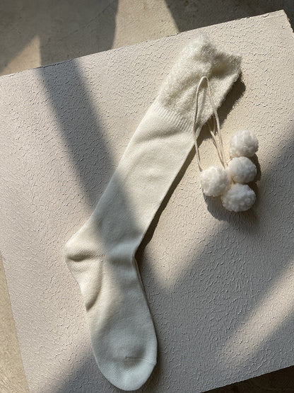 White/Black Bow Calf Socks With Pompons