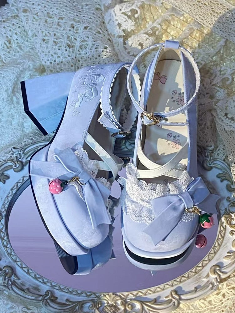 Sweet Bow Blue with Strawberry  Lolita Accents High Embroidery Shoes Heel Block