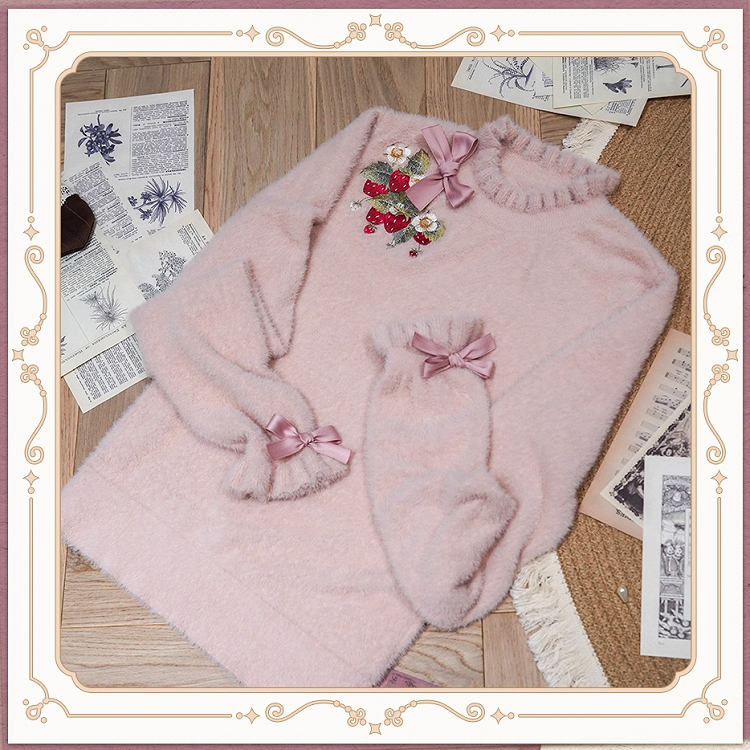 Dusty Autumn Stickerei Erdbeere Bowknot Strick auf Ausschnitt Top Bündchen Rosa