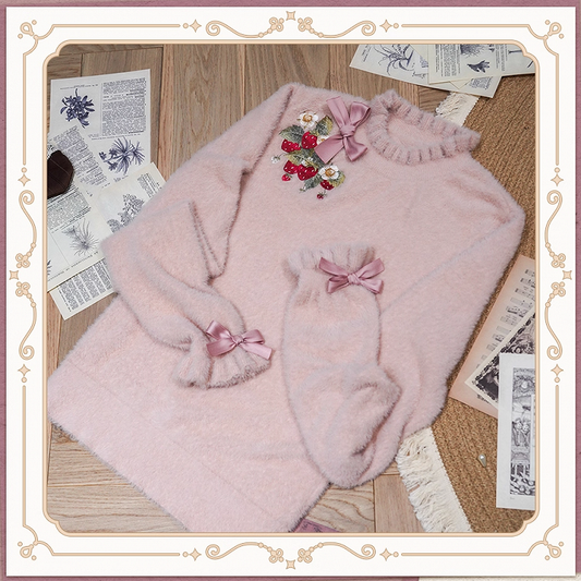 ダスティオータム刺繍のストロベリーリボンニット（ネックライン、トップス、カフス、ピンク）