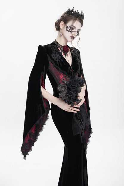 Black and Red V-Neck Long Trumpet Sleeves Floral Embroidered Velvet Gothic Dress