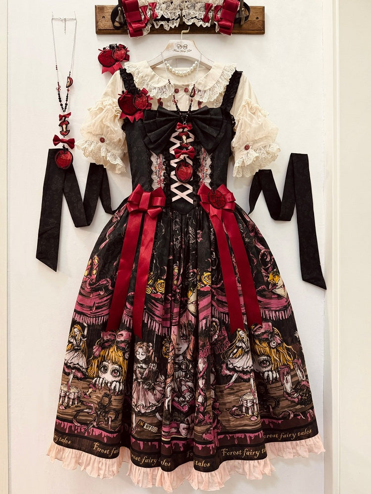 Pink Black Apple Embroidery Bow JSK Dress with Red Shoes Story - Forest Fairy Tales